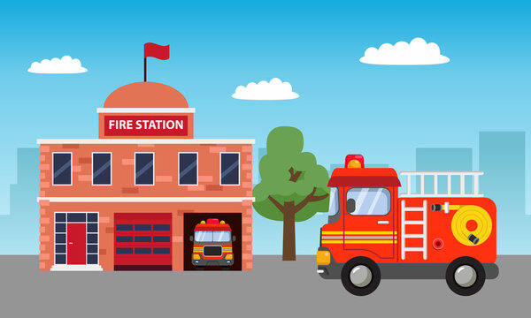 Fire station building background for children birthday theme with fire truck.