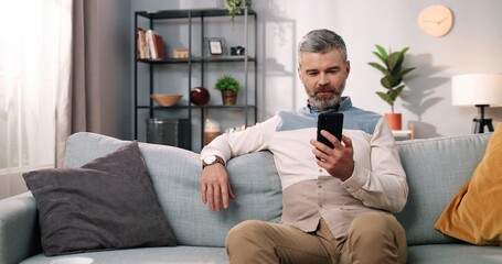Cheerful Caucasian handsome middle-aged bearded man in positive mood browsing on smartphone with...