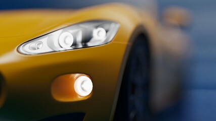 auto yellow. 3d illustration of fragments of vehicles on a blue uniform background.