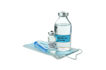 COVID - 19 vaccine, syringe and mask isolated on white background