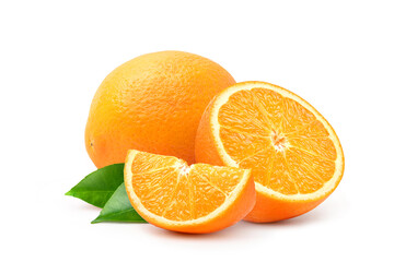 Navel Orange with cut in half and slices isolated on white background.