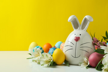 Easter bunny, eggs and alstroemeria flowers against yellow background