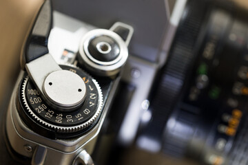 Fototapeta na wymiar Vintage film camera shutter detail.