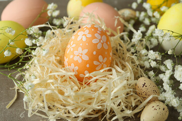 Easter eggs and gypsophila flowers on gray textured background