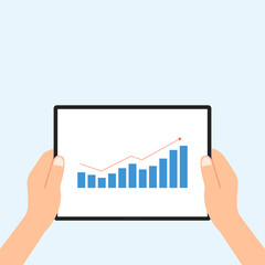 Human holding tablet data analysis for business finance investment concept flat vector design.