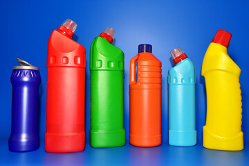Detergent bottles. Detergents and laundry concept. Household chemicals for cleaning. Chemical...