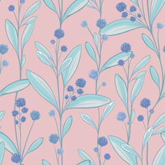 Botanical vector background with plants, flowers and berries. Vector illustration. Blue and powdery colors