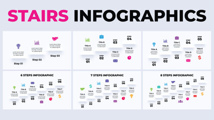 Neumorphic Vector Infographic. Presentation slide template. Stairs with 3, 4, 5, 6, 7, 8 steps. 