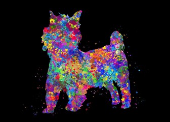 Yorkshire Terrier Dog watercolor, black background, abstract painting. Watercolor illustration rainbow, colorful, decoration wall art.