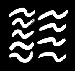 Paint drawing set of black smear on white background. Hand drawn abstract illustration grunge elements. Vector abstract objects for design use