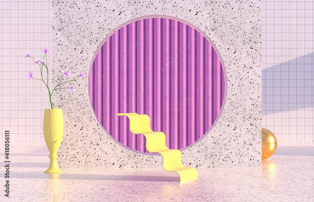 Poster beauty fashion podium backdrop with geometric shape and spring flower. terrazzo texture. 3d renderin