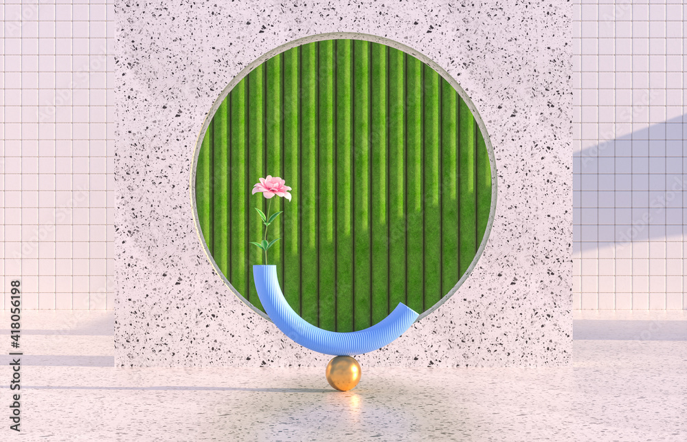 Poster beauty fashion podium backdrop with geometric shape and spring flower. terrazzo texture. 3d renderin