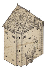 A medieval building map icon isometric illustration in a vintage retro engraved woodcut etching style