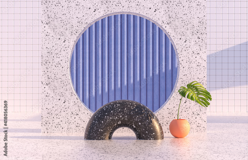 Aufkleber beauty fashion podium backdrop with geometric shape and spring flower. terrazzo texture. 3d renderin