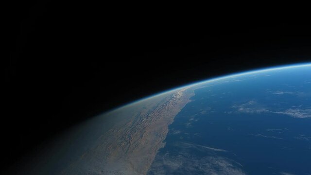 Spaceship flies over the planet Earth. Cinematic shot of Amazon jungle view from space. View Of Planet Earth From Space. 3d animation