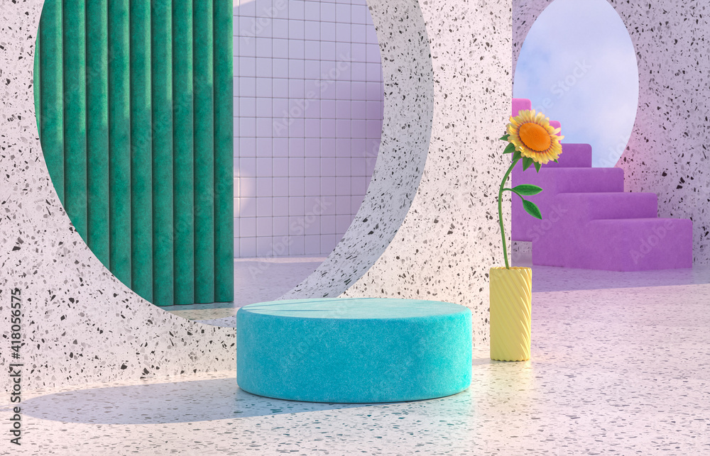 Poster beauty fashion podium backdrop with geometric shape and spring flower. terrazzo texture. 3d renderin
