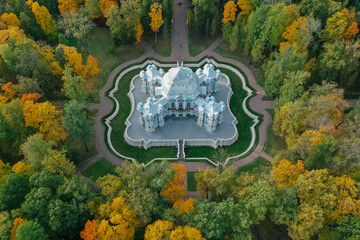 Aerial view of the Catherine Park with a large pond in Tsarskoe Selo. Pushkin. Catherine Palace....