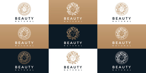 a logo with a beautiful natural facial line art style and a business card design. design concept for beauty salon, massage, cosmetics.spa