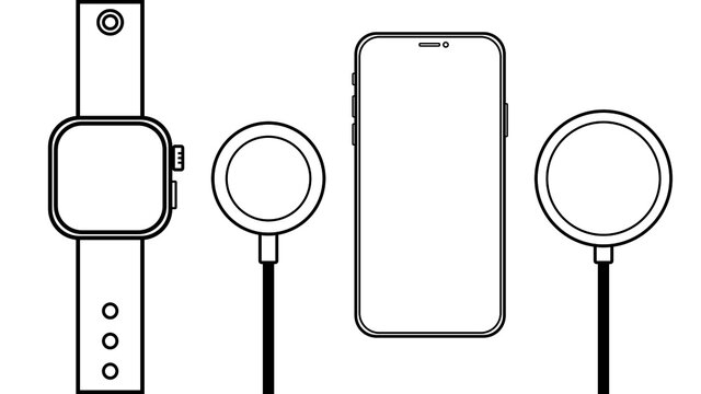  Outline line drawing modern smartphone, Smart watch, Wireless Charger, Cable Charge Smart Device icon Isolate on White Background.