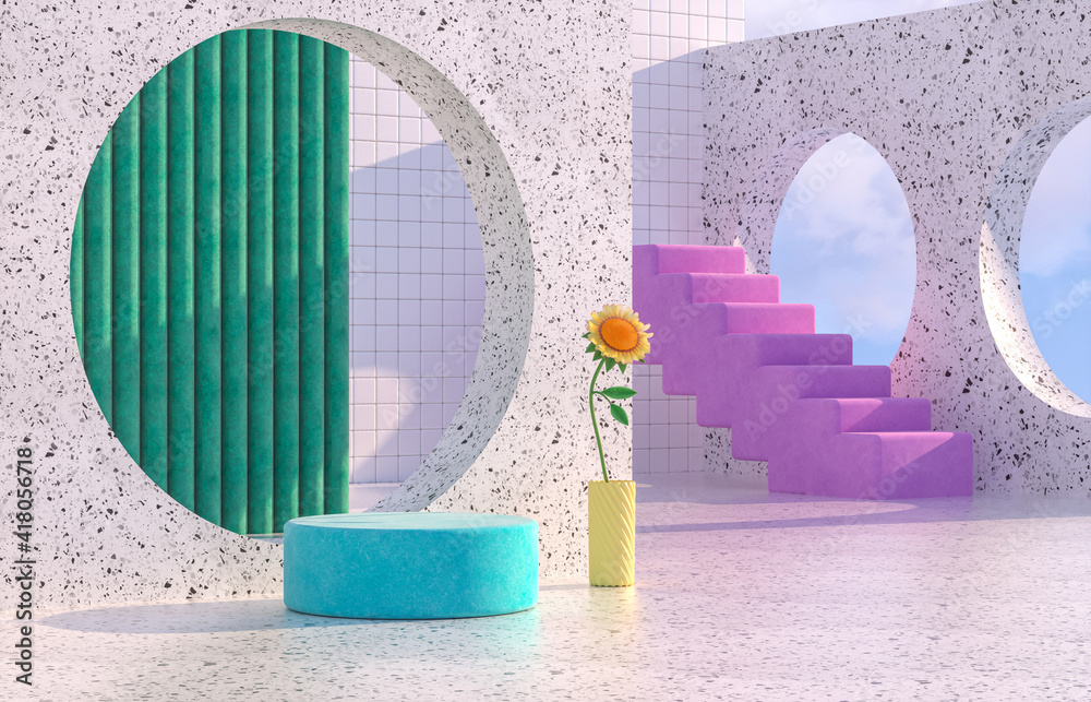 Poster beauty fashion podium backdrop with geometric shape and spring flower. terrazzo texture. 3d renderin