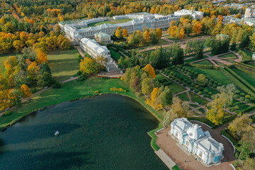Aerial view of the Catherine Park with a large pond in Tsarskoe Selo. Pushkin. Catherine Palace. Pavilion Grotto. Russia, Pushkin, 09.09.2020