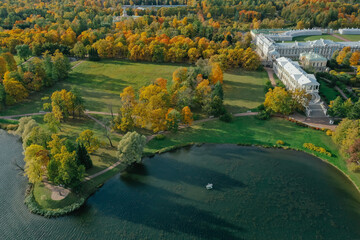 Aerial view of the Catherine Park with a large pond in Tsarskoe Selo. Pushkin. Catherine Palace....