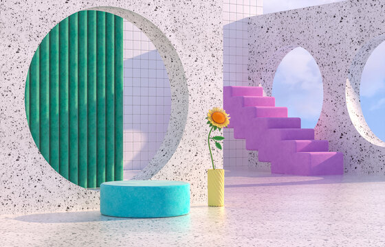 Beauty fashion podium backdrop with geometric shape and Spring flower. Terrazzo texture. 3d rendering scene.