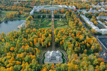 Aerial view of the Catherine Park with a large pond in Tsarskoe Selo. Pushkin. Catherine Palace....