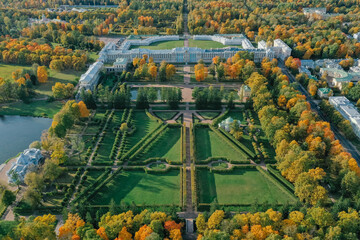 Aerial view of the Catherine Park with a large pond in Tsarskoe Selo. The city of Pushkin....