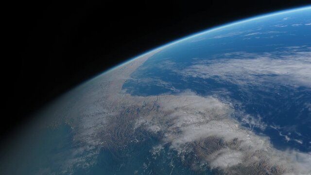 Spaceship flies over the planet Earth. Cinematic shot of Amazon jungle view from space. View Of Planet Earth From Space. 3d animation