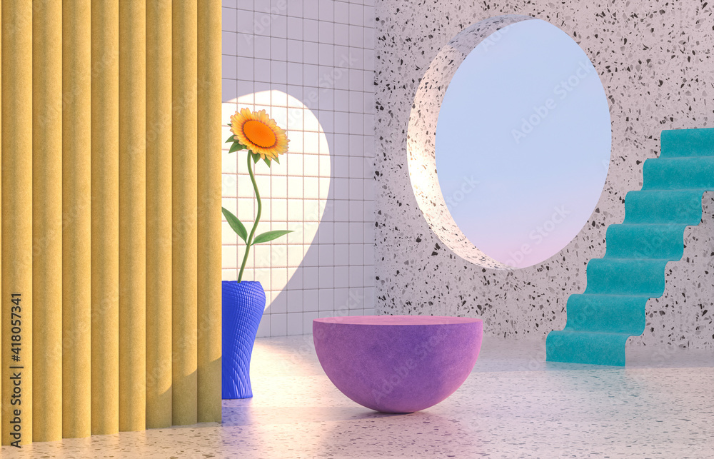 Poster beauty fashion podium backdrop with geometric shape and spring flower. terrazzo texture. 3d renderin