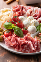 Piatto di prosciutto, mozzarella, salame, pecorino e olive, Antipasto tipico italiano 