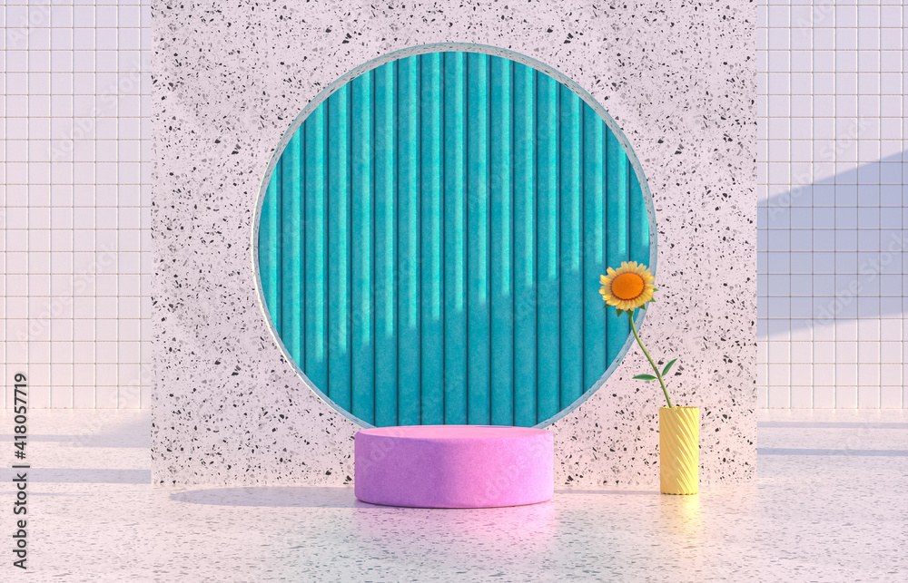 Poster beauty fashion podium backdrop with geometric shape and spring flower. terrazzo texture. 3d renderin