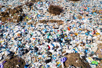Aerial top view large garbage pile, Garbage pile in trash dump or landfill, Waste from household in waste landfill