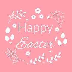 Happy Easter greeting card on pink background. Composition with Easter eggs and floral elements. Design layout for invitation, card, flyer, banner, poster, voucher. Spring season holiday background.