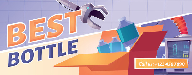 Best product quality cartoon ad poster. Factory conveyor belt with water bottles and robotic arms pour aqua in plastic containers at transporter production line. Manufacture, automation, vector promo