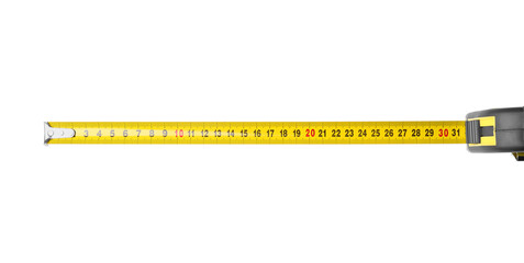 Yellow tape measure isolated on white, top view