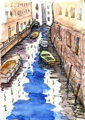 Boats in Venezia Watercolour sketch. Free drawn