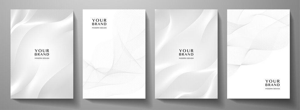 Modern cover design set. Gold abstract line pattern (guilloche curves) in light monochrome colors. Premium white stripe vector layout for business background, certificate, brochure template