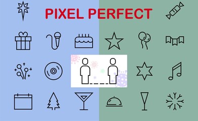 Simple set of celebration icons related to vector line. Contains icons such as music, new year, stars, balls, cake, karaoke, dj and much more. Editable stroke. 480x480