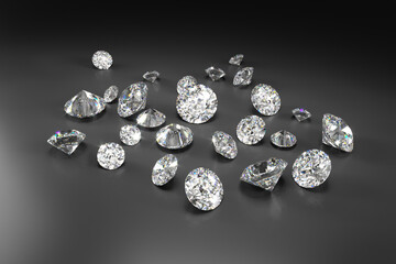 A scattering of diamonds of different sizes on a black background. Exhibition of precious stones. 3d rendering.