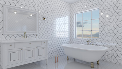 Spacious bathroom in gray tones with heated floors, freestanding tub. 3D rendering.