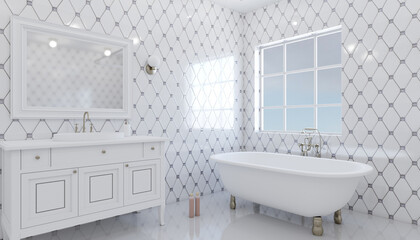 Scandinavian bathroom, classic  vintage interior design. 3D rendering.
