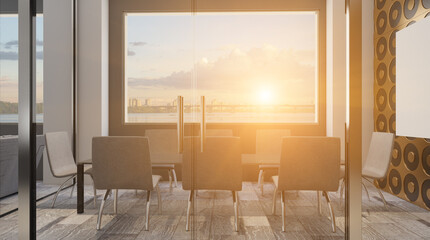 Modern meeting room. 3D rendering. Sunset.