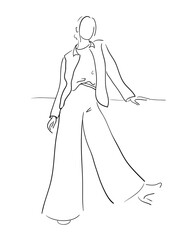 Beautiful girl in in pants and jacket, simple bright fashion illustration, vector