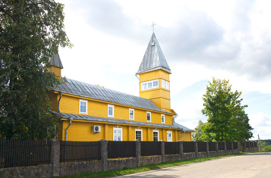Paluknys, Lithuania - 12 sept,2020: Paluknys St. John the Baptist Church on cloudy autumn day. Church was build at 1794, reconstructed 1981.