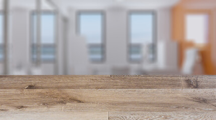 Background with empty wooden table. Flooring. Modern office building interior. 3D rendering.