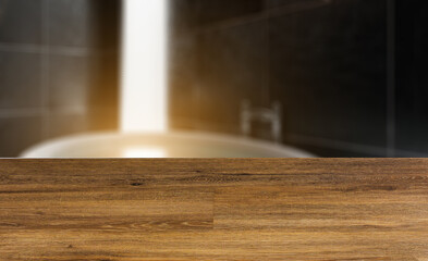 large bathroom. black tile. reflections in the water. modern design.. 3D rendering.. Sunset.. Abstract blur phototography. wooden table on blurred background.