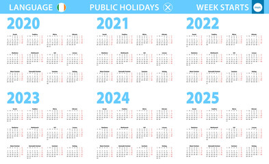 Calendar in Irish language for year 2020, 2021, 2022, 2023, 2024, 2025. Week starts from Monday.