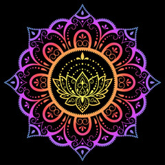 Circular pattern in form of mandala with lotus flower for Henna, Mehndi, tattoo, decoration. Decorative ornament in ethnic oriental style. Rainbow pattern on black background.